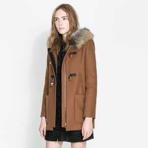 Zara Women Duffle Coat Fur Hood - Size Small